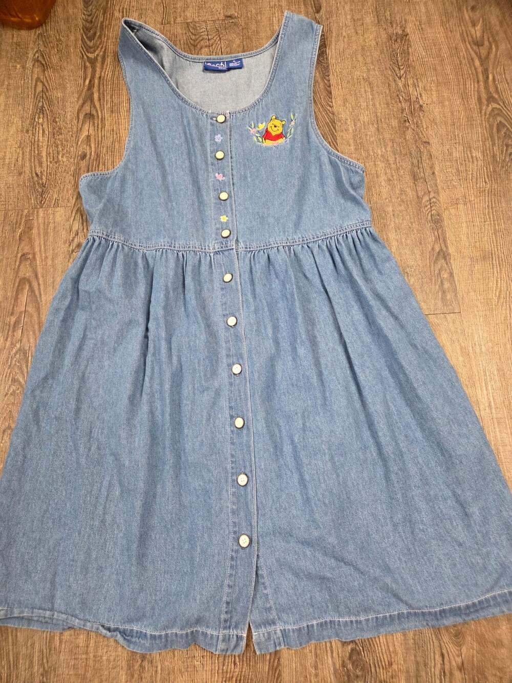 1990s Disney Store light blue denim button-front Vintage Jumper Dress POOH XL